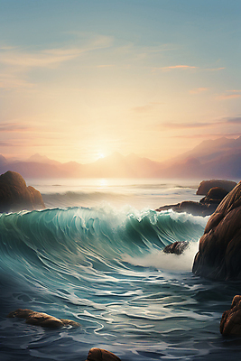 JPG 구름 편집이미지 물결 파도 바다 풍경 사람없음 태양 일출 바위 편집실사 AI컴퓨터그래픽 AI콘텐츠 자연요소 노을 돌_바위 CG 파일형식