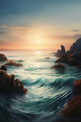 JPG 구름 편집이미지 물결 파도 바다 풍경 사람없음 태양 일출 바위 편집실사 AI컴퓨터그래픽 AI콘텐츠 자연요소 노을 돌_바위 CG 파일형식