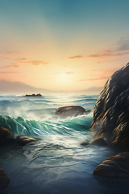 JPG 구름 편집이미지 물결 파도 바다 하늘 풍경 사람없음 일출 바위 편집실사 AI컴퓨터그래픽 AI콘텐츠 자연요소 노을 돌_바위 CG 파일형식