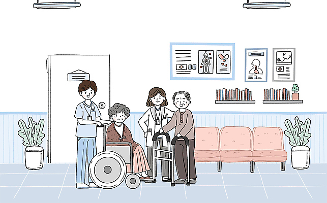 전신 PSD 여자 할아버지 노년 남자 포스터 화분 할머니 의자 일러스트 조명 선반 병원 서기 앉기 여러명 성인 파란색 소파 간호사 의료진 의사 잡기 복도 휠체어 노인복지 보행기 의료시설 국내일러스트 직업 컬러 가구 다수 의학 모션 사람 복지 시설 파일형식