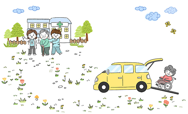 전신 PSD 나무 구름 여자 할아버지 노년 남자 꽃 할머니 나비 일러스트 자동차 병원 서기 앉기 여러명 성인 울타리 의료진 의사 도움 풀 승차 휠체어 노인복지 요양원 노인요양 요양보호사 국내일러스트 자연요소 식물 직업 육상교통 다수 곤충 컨셉 의학 모션 사람 담장 복지 요양 파일형식