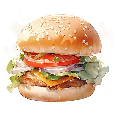 JPG 음식 채소 일러스트 수채화 치즈 패스트푸드 사람없음 햄버거 패티 국내일러스트 AI일러스트 AI콘텐츠 유제품 인스턴트 파일형식