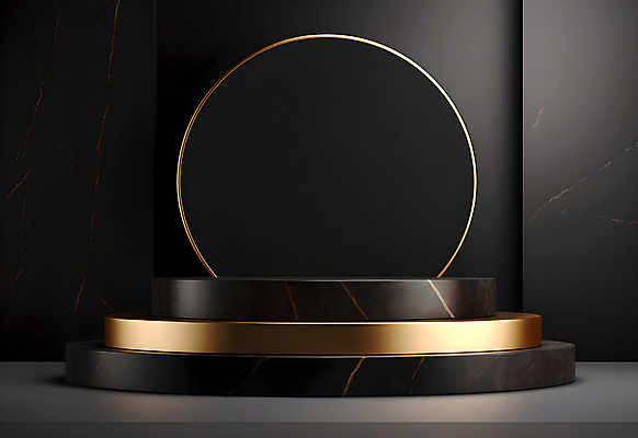 JPG 편집이미지 사람없음 3D 검은색 공간 금색 원형 대리석 단상 포디움 목업 편집3D AI컴퓨터그래픽 AI콘텐츠 도형 컬러 재료 무대 디지털합성 파일형식