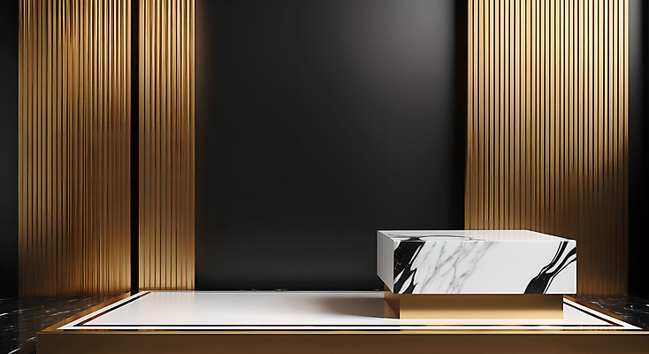 JPG 편집이미지 사람없음 3D 사각형 검은색 공간 금색 흰색 대리석 단상 포디움 목업 편집3D AI컴퓨터그래픽 AI콘텐츠 도형 컬러 재료 무대 디지털합성 파일형식
