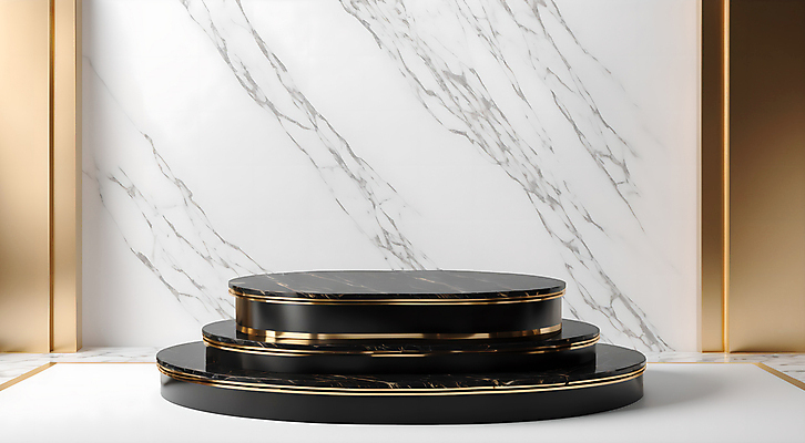 JPG 편집이미지 사람없음 3D 검은색 공간 금색 흰색 원형 대리석 단상 포디움 목업 편집3D AI컴퓨터그래픽 AI콘텐츠 도형 컬러 재료 무대 디지털합성 파일형식