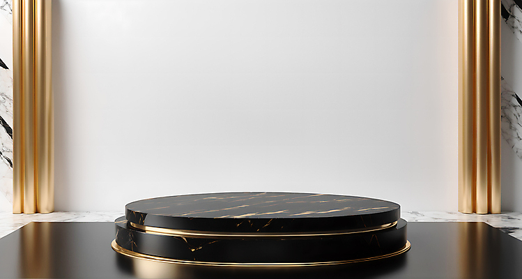 JPG 편집이미지 사람없음 3D 검은색 공간 금색 흰색 기둥 원형 대리석 단상 포디움 목업 편집3D AI컴퓨터그래픽 AI콘텐츠 도형 건축 컬러 재료 무대 디지털합성 파일형식