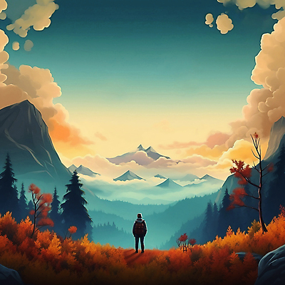 JPG 전신 나무 구름 편집이미지 남자 여행 산 아웃도어 한명 서기 풍경 성인 등산 가을 풀 정상 성인남자한명만 백패킹 편집실사 AI일러스트 AI콘텐츠 자연요소 식물 1 계절 모션 사람 레포츠 트래킹 CG 남자한명만 성인남자만 파일형식