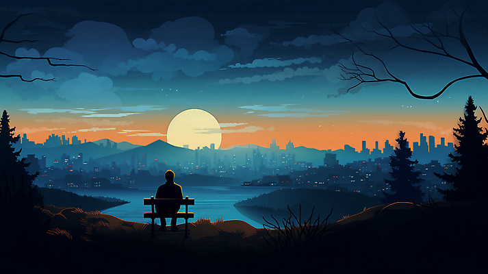 JPG 전신 나무 구름 편집이미지 남자 여행 야경 벤치 밤하늘 산 아웃도어 한명 앉기 빌딩 성인 건물 강 도시풍경 태양 일몰 가을 나뭇가지 도시 남색 성인남자한명만 편집실사 AI일러스트 AI콘텐츠 자연요소 식물 1 건축물 계절 컬러 의자 모션 하늘 사람 풍경 노을 야간 CG 남자한명만 성인남자만 파일형식 풍경_경치