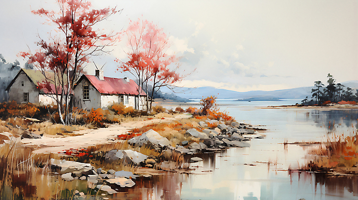 JPG 나무 구름 편집이미지 자연 하늘 단풍나무 산 주택 풍경 사람없음 강 가을풍경 바위 시골 디지털합성 시골길 유화 이미지편집 편집실사 자연요소 식물 길 단풍 미술 건물 돌_바위 CG 생태계 파일형식 가을_계절