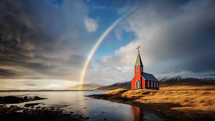 JPG 구름 편집이미지 무지개 자연 하늘 풍경 사람없음 강 교회 편집실사 AI포토 AI콘텐츠 자연요소 종교건축 건물 CG 생태계 파일형식
