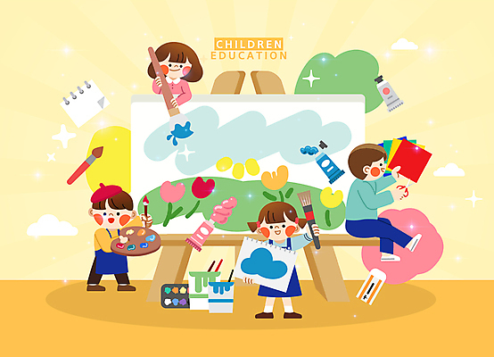 전신 여자 어린이교육 남자 어린이 일러스트 미술 들기 앉기 소녀 소년 여러명 상반신 반짝임 노란색 물감 붓 그리기 팔레트 스케치북 이젤 그림 지우개 미술교육 색종이 어린이만 국내일러스트 AI파일 교육 종이 컬러 다수 모션 문화예술 학용품 사람 미술도구 파일형식 벡터