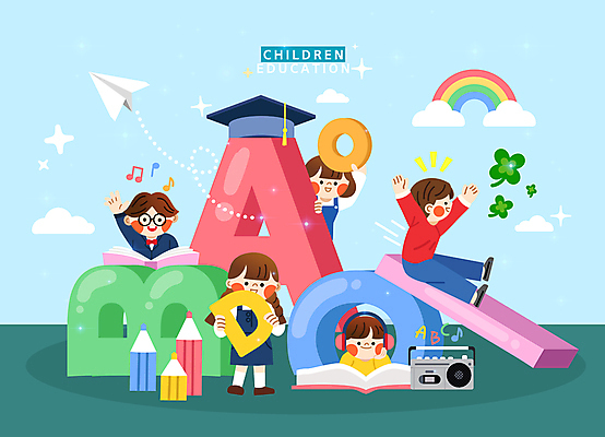 전신 알파벳 여자 어린이교육 남자 어린이 하늘색 무지개 일러스트 학사모 색연필 영어교육 들기 소녀 소년 여러명 상반신 책 손들기 헤드폰 턱괴기 만세 네잎클로버 미끄럼틀 종이비행기 라디오 어린이만 국내일러스트 AI파일 자연요소 식물 모자_잡화 영어 교육 음향기기 다수 졸업 모션 학용품 사람 파란색 전자제품 클로버 놀이기구 종이접기 파일형식 벡터