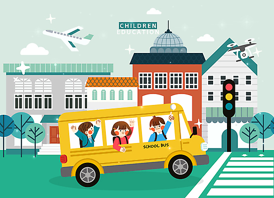 나무 구름 학생 여자 어린이교육 남자 어린이 가방 일러스트 비행기 소녀 소년 상반신 세명 초록색 반짝임 손들기 가리킴 도시 횡단보도 승차 신호등 스쿨버스 등교 드론 어린이만 국내일러스트 AI파일 자연요소 식물 잡화 교육 컬러 항공교통 모션 버스 대중교통 사람 손짓 보행로 등하교 파일형식 벡터