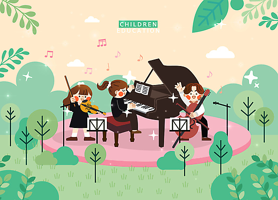 전신 나무 구름 여자 어린이교육 남자 어린이 음악 연주 음표 일러스트 나뭇잎 웃음 들기 앉기 소녀 소년 세명 연두색 반짝임 손들기 인사 악단 풀잎 피아노 보면대 숲속 바이올린 음악교육 첼로 합주 어린이만 국내일러스트 AI파일 자연요소 식물 기호 교육 잎 모션 현악기 문화예술 표정 사람 초록색 예절 풀_식물 건반악기 숲 파일형식 벡터 찰현악기