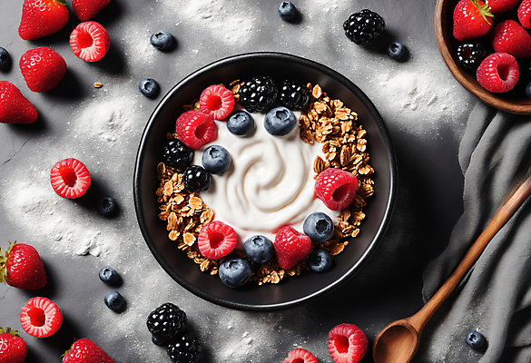 JPG 편집이미지 그릇 딸기 사람없음 견과류 블루베리 산딸기 블랙베리 나무스푼 그래놀라 그릭요거트 편집실사 AI포토 AI콘텐츠 식기 음식 과일 CG 나무숟가락 요거트 파일형식