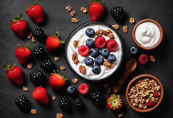 JPG 편집이미지 그릇 딸기 사람없음 견과류 블루베리 산딸기 블랙베리 나무스푼 그래놀라 그릭요거트 편집실사 AI포토 AI콘텐츠 식기 음식 과일 CG 나무숟가락 요거트 파일형식