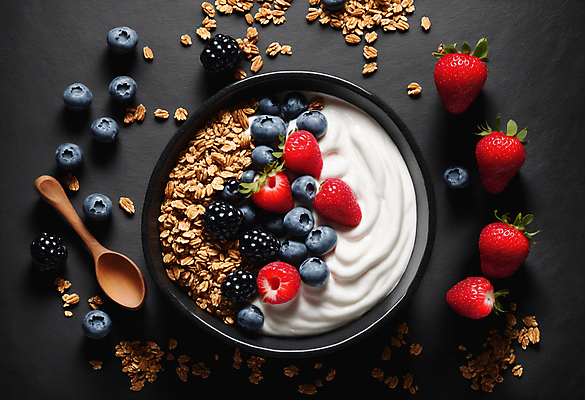 JPG 편집이미지 그릇 딸기 사람없음 견과류 블루베리 블랙베리 나무스푼 그래놀라 그릭요거트 편집실사 AI포토 AI콘텐츠 식기 음식 과일 CG 나무숟가락 요거트 파일형식