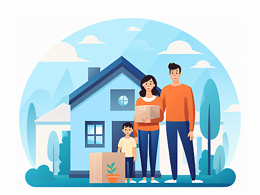 JPG 전신 나무 구름 여자 남자 화분 어린이 하늘색 일러스트 가족 하늘 주택 들기 소년 성인 세명 상자 이사 이삿짐 국내일러스트 AI일러스트 AI콘텐츠 자연요소 식물 관계 모션 사람 건물 파란색 파일형식