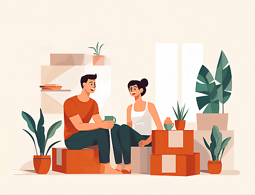 JPG 전신 여자 남자 화분 일러스트 신혼부부 실내 들기 앉기 성인 두명 컵 상자 주황색 이사 정리 이삿짐 성인만 국내일러스트 AI일러스트 AI콘텐츠 식기 부부 컬러 모션 사람 내부 신혼 파일형식