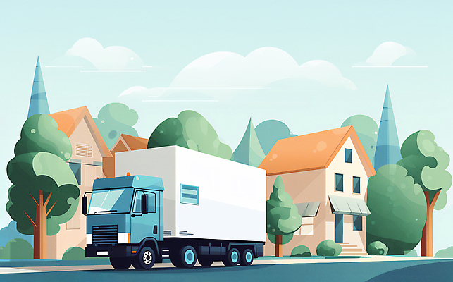 JPG 나무 구름 교통 일러스트 하늘 주택 풍경 사람없음 마을 차도 이사 이삿짐센터 이사트럭 이사업체 국내일러스트 AI일러스트 AI콘텐츠 자연요소 식물 도로 건물 트럭 파일형식