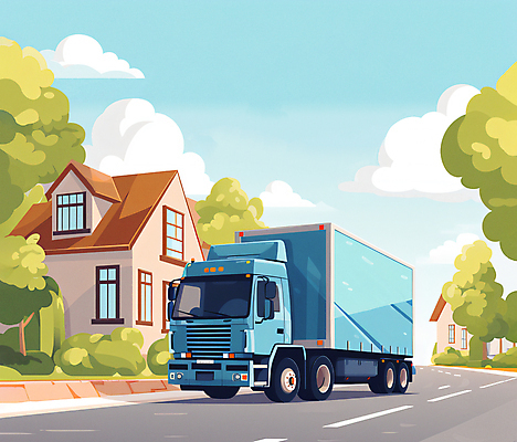 JPG 나무 구름 도로 일러스트 자연 하늘 주택 풍경 사람없음 마을 이사 이삿짐센터 이사트럭 이사업체 국내일러스트 AI일러스트 AI콘텐츠 자연요소 식물 길 교통시설 건물 트럭 생태계 파일형식