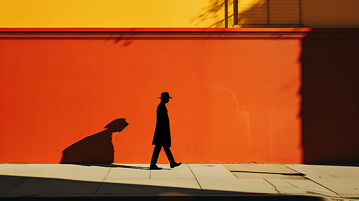 JPG 전신 편집이미지 실루엣 거리 그림자 한명 사람 풍경 성인 걷기 주황색 디지털합성 성인한명만 편집실사 AI인물포토 AI콘텐츠 1 컬러 모션 촬영기법 CG 성인만 파일형식 AI포토