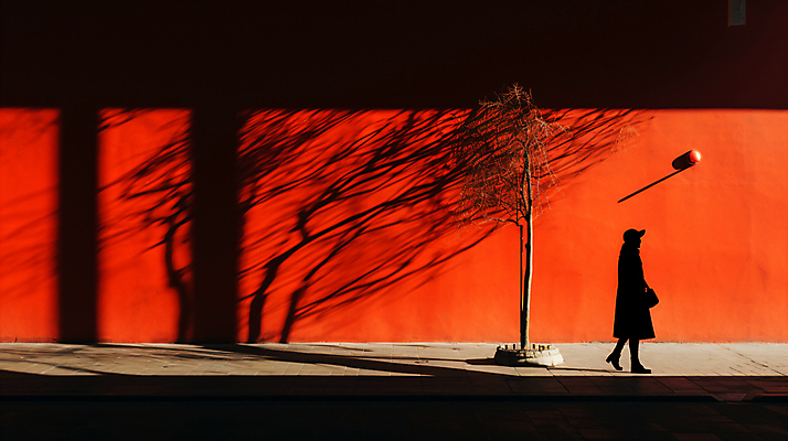 JPG 전신 나무 편집이미지 실루엣 거리 그림자 한명 사람 풍경 성인 걷기 주황색 디지털합성 성인한명만 편집실사 AI인물포토 AI콘텐츠 식물 1 컬러 모션 촬영기법 CG 성인만 파일형식 AI포토