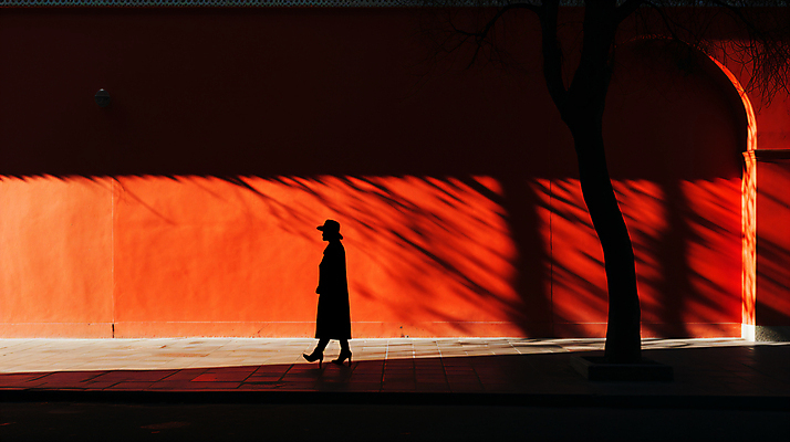 JPG 전신 편집이미지 실루엣 거리 그림자 한명 사람 풍경 성인 걷기 주황색 디지털합성 성인한명만 편집실사 AI인물포토 AI콘텐츠 1 컬러 모션 촬영기법 CG 성인만 파일형식 AI포토