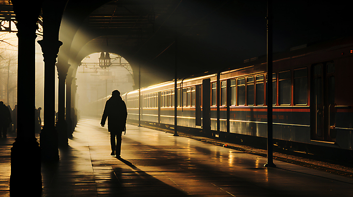 JPG 전신 편집이미지 실루엣 거리 그림자 한명 사람 풍경 성인 걷기 어둠 기차 플랫폼 디지털합성 기차역 성인한명만 편집실사 AI인물포토 AI콘텐츠 1 육상교통 교통시설 모션 대중교통 촬영기법 역 CG 성인만 파일형식 AI포토