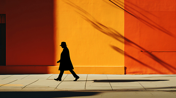 JPG 전신 편집이미지 실루엣 거리 그림자 한명 사람 풍경 성인 걷기 주황색 디지털합성 성인한명만 편집실사 AI인물포토 AI콘텐츠 1 컬러 모션 촬영기법 CG 성인만 파일형식 AI포토