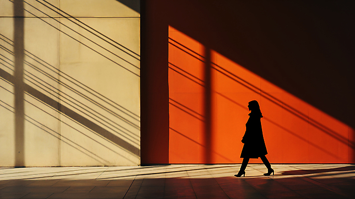 JPG 전신 편집이미지 실루엣 거리 그림자 한명 사람 풍경 성인 걷기 주황색 디지털합성 성인한명만 편집실사 AI인물포토 AI콘텐츠 1 컬러 모션 촬영기법 CG 성인만 파일형식 AI포토