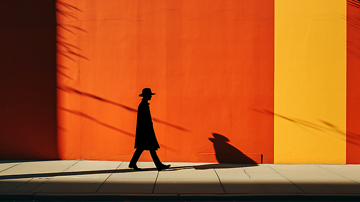 JPG 전신 편집이미지 실루엣 거리 그림자 한명 사람 풍경 성인 걷기 주황색 디지털합성 성인한명만 편집실사 AI인물포토 AI콘텐츠 1 컬러 모션 촬영기법 CG 성인만 파일형식 AI포토