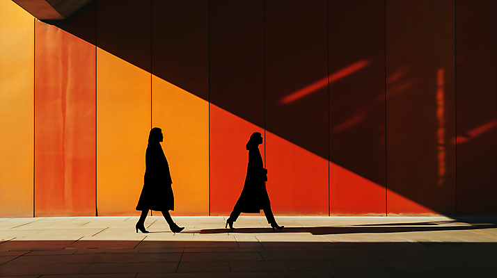 JPG 전신 편집이미지 실루엣 거리 그림자 사람 풍경 성인 두명 걷기 주황색 디지털합성 성인만 편집실사 AI인물포토 AI콘텐츠 컬러 모션 촬영기법 CG 파일형식 AI포토