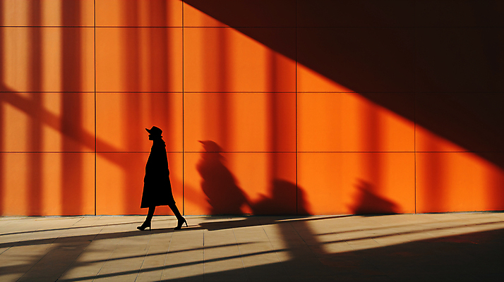 JPG 전신 편집이미지 실루엣 거리 그림자 한명 사람 풍경 성인 걷기 주황색 디지털합성 성인한명만 편집실사 AI인물포토 AI콘텐츠 1 컬러 모션 촬영기법 CG 성인만 파일형식 AI포토