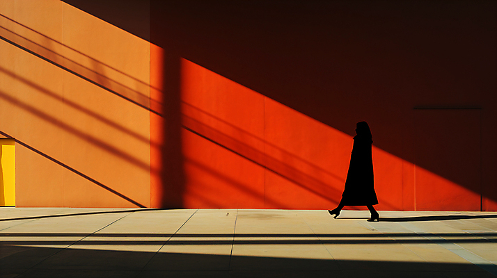 JPG 전신 편집이미지 실루엣 거리 그림자 한명 사람 풍경 성인 걷기 주황색 디지털합성 성인한명만 편집실사 AI인물포토 AI콘텐츠 1 컬러 모션 촬영기법 CG 성인만 파일형식 AI포토