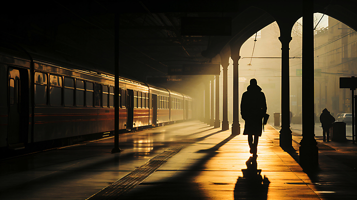 JPG 전신 편집이미지 실루엣 거리 그림자 한명 사람 풍경 성인 걷기 일몰 기차 플랫폼 디지털합성 기차역 성인한명만 편집실사 AI인물포토 AI콘텐츠 1 육상교통 교통시설 모션 대중교통 촬영기법 노을 역 CG 성인만 파일형식 AI포토