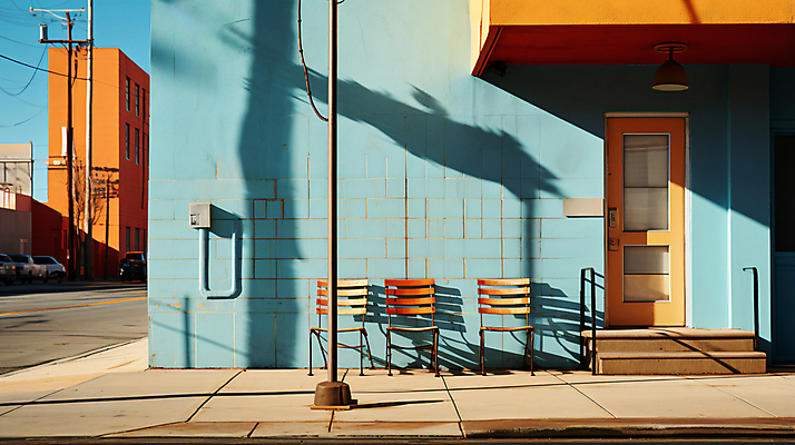 JPG 편집이미지 의자 거리 그림자 풍경 사람없음 건물 문 상점 도시 도심 디지털합성 전봇대 편집실사 AI포토 AI콘텐츠 건축물 공공시설 가구 CG 파일형식