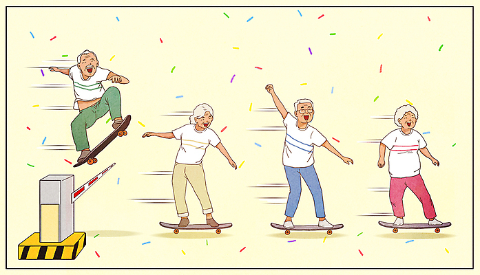 전신 PSD 여자 할아버지 노년 남자 할머니 일러스트 웃음 여러명 노란색 손들기 점프 스케이트보드 꽃가루 실버취업 넘기 차단기 노인만 국내일러스트 컬러 다수 모션 표정 사람 성인 구직 보드_스포츠 가루 성인만 파일형식 차단