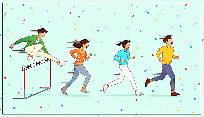 전신 PSD 여자 남자 일러스트 웃음 여러명 청년 성인 달리기 점프 허들 꽃가루 민트색 장애물넘기 장애물달리기 성인만 국내일러스트 컬러 다수 모션 표정 사람 경기 장애물 가루 넘기 파일형식