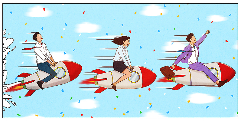 전신 PSD 구름 여자 남자 서류가방 일러스트 하늘 성공 들기 앉기 정장 청년 성인 세명 손들기 로켓 구직 비즈니스맨 비즈니스우먼 승차 꽃가루 일자리 성인만 국내일러스트 자연요소 옷 컨셉 가방 비즈니스 모션 사람 직장인 가루 파일형식