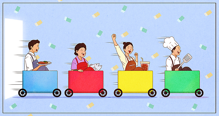 PSD 여자 남자 커피 음식 중년 지폐 일러스트 어류 들기 여러명 상반신 성인 파란색 손들기 주방장 요리사 앞치마 기차 승차 어부 상인 자영업 뒤집개 소상공인 국내일러스트 직업 음료 육상교통 컬러 다수 돈 비즈니스 모션 주방용품 대중교통 사람 경제 수중동물 파일형식