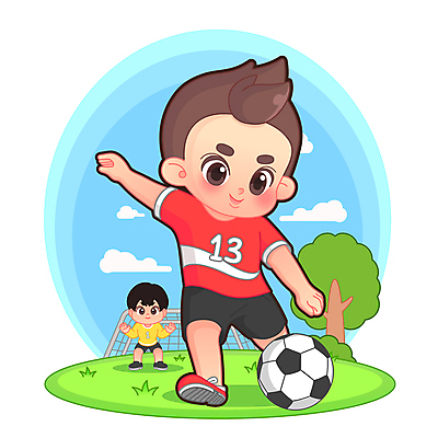 전신 나무 구름 남자 어린이 인물캐릭터 일러스트 축구공 하늘 축구선수 소년 잔디 두명 축구 풀 축구복 축구골대 골키퍼 공차기 소년만 월간캐릭터 일러캐릭터 AI파일 자연요소 식물 캐릭터 공 축구용품 모션 운동선수 사람 운동복 구기 골대 남자만 어린이만 파일형식 벡터