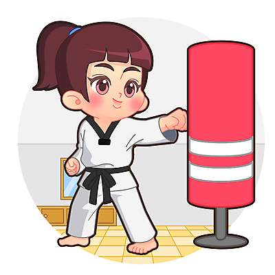 전신 여자 어린이 인물캐릭터 일러스트 한명 서기 소녀 주먹 펀치 태권도 태권도복 태권도선수 샌드백 때리기 태권도장 소녀한명만 월간캐릭터 일러캐릭터 AI파일 캐릭터 1 모션 운동선수 도복 사람 격투기 학원 여자한명만 소녀만 파일형식 벡터