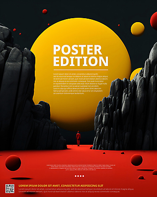 전신 PSD 편집이미지 디자인 배너 실루엣 포스터 한명 사람 성인 그래픽 빨간색 노란색 원형 돌산 디지털합성 QR코드 목업 성인한명만 이미지편집 도형 1 컬러 산 촬영기법 성인만 파일형식