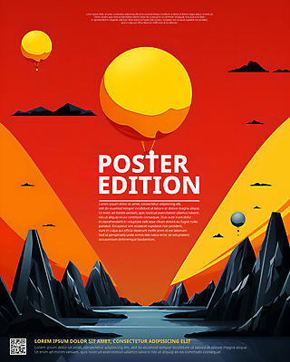 PSD 구름 편집이미지 디자인 배너 포스터 사람없음 그래픽 빨간색 열기구 돌산 디지털합성 QR코드 목업 이미지편집 자연요소 컬러 항공교통 산 파일형식