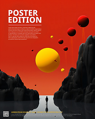 전신 PSD 편집이미지 디자인 배너 실루엣 포스터 한명 사람 성인 그래픽 빨간색 반사 원형 돌산 디지털합성 QR코드 목업 성인한명만 이미지편집 도형 1 컬러 산 촬영기법 성인만 파일형식