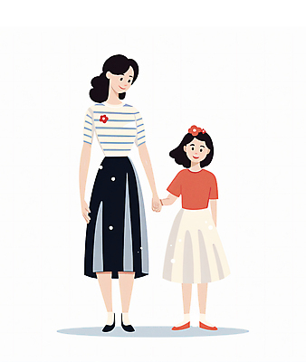 JPG 전신 여자 행복 어린이 일러스트 모녀 함께함 서기 미소 소녀 성인 두명 손잡기 화목 다정 여자만 국내일러스트 AI일러스트 AI콘텐츠 딸 감정 컨셉 가족 모션 엄마 표정 사람 파일형식