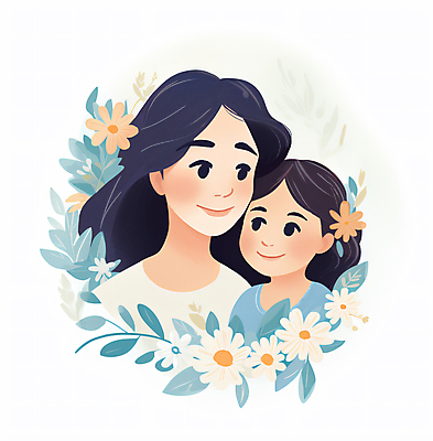 JPG 여자 꽃 행복 어린이 잎 일러스트 모녀 프레임 함께함 미소 소녀 상반신 성인 두명 마주보기 화목 다정 여자만 국내일러스트 AI일러스트 AI콘텐츠 식물 딸 감정 컨셉 가족 모션 엄마 표정 사람 파일형식