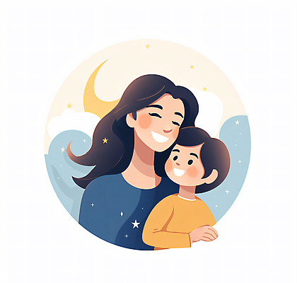 JPG 구름 여자 남자 행복 별 어린이 일러스트 함께함 미소 웃음 소년 상반신 성인 두명 화목 다정 달 얼굴맞대기 국내일러스트 AI일러스트 AI콘텐츠 모자관계 자연요소 감정 아들 컨셉 가족 모션 엄마 표정 사람 파일형식