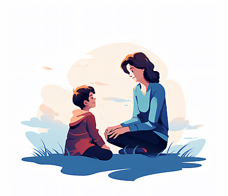 JPG 전신 구름 여자 남자 행복 어린이 일러스트 함께함 미소 소년 성인 두명 마주보기 화목 다정 마주앉기 국내일러스트 AI일러스트 AI콘텐츠 모자관계 자연요소 감정 아들 컨셉 가족 모션 엄마 표정 사람 앉기 파일형식